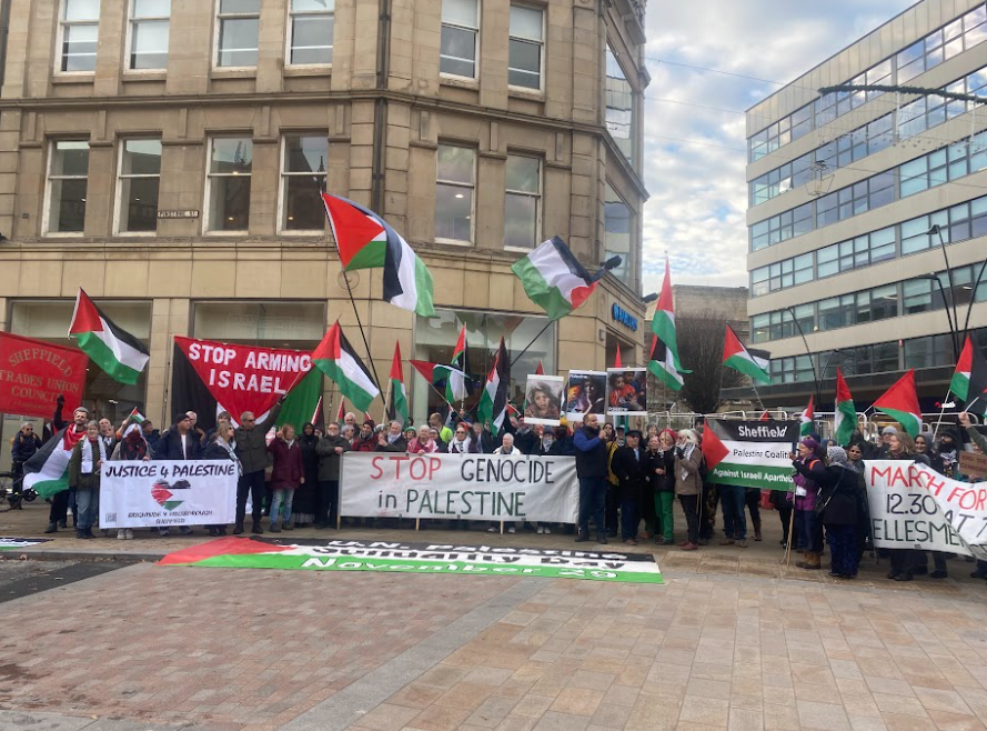 Pro-Palestinian groups outside of Sheffield Town Hall call the government and council’s actions “cowardly”