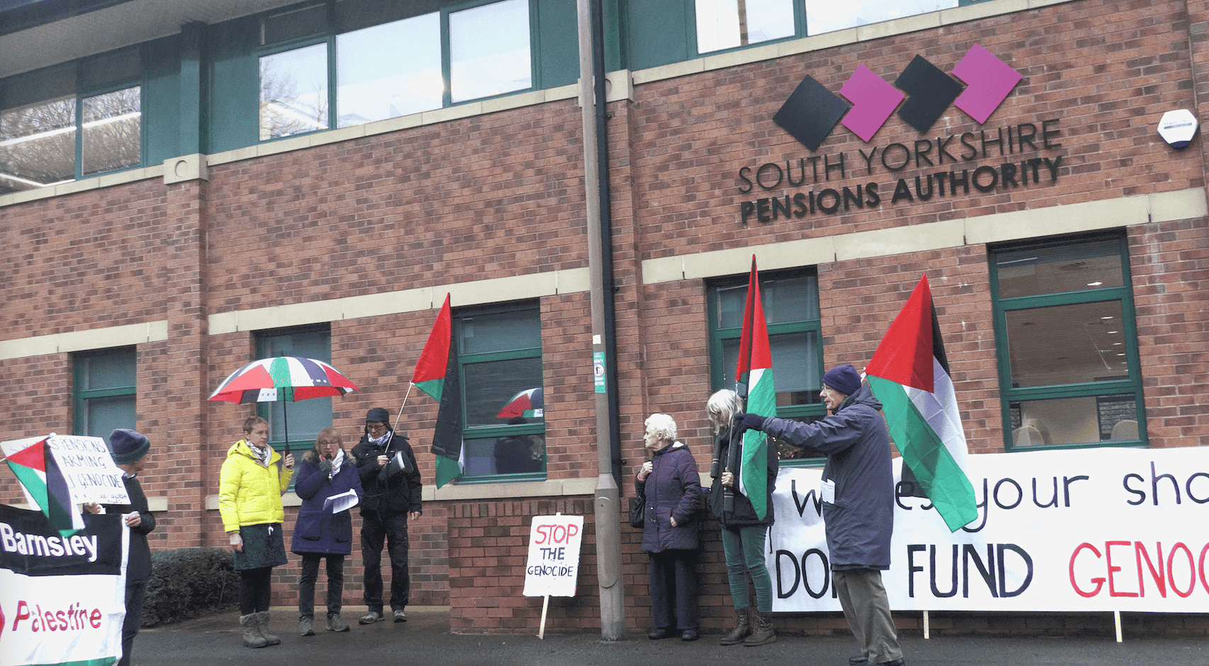 Protest outside South Yorkshire Pensions Authority over investments in companies involved in the war in Gaza 12/12/24