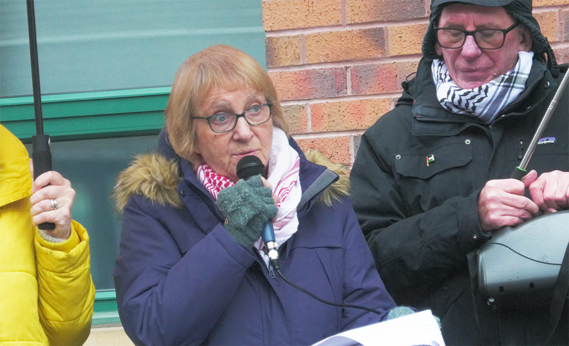 Protester Sue Owen speaking outside the South Yorkshire Pensions Authority