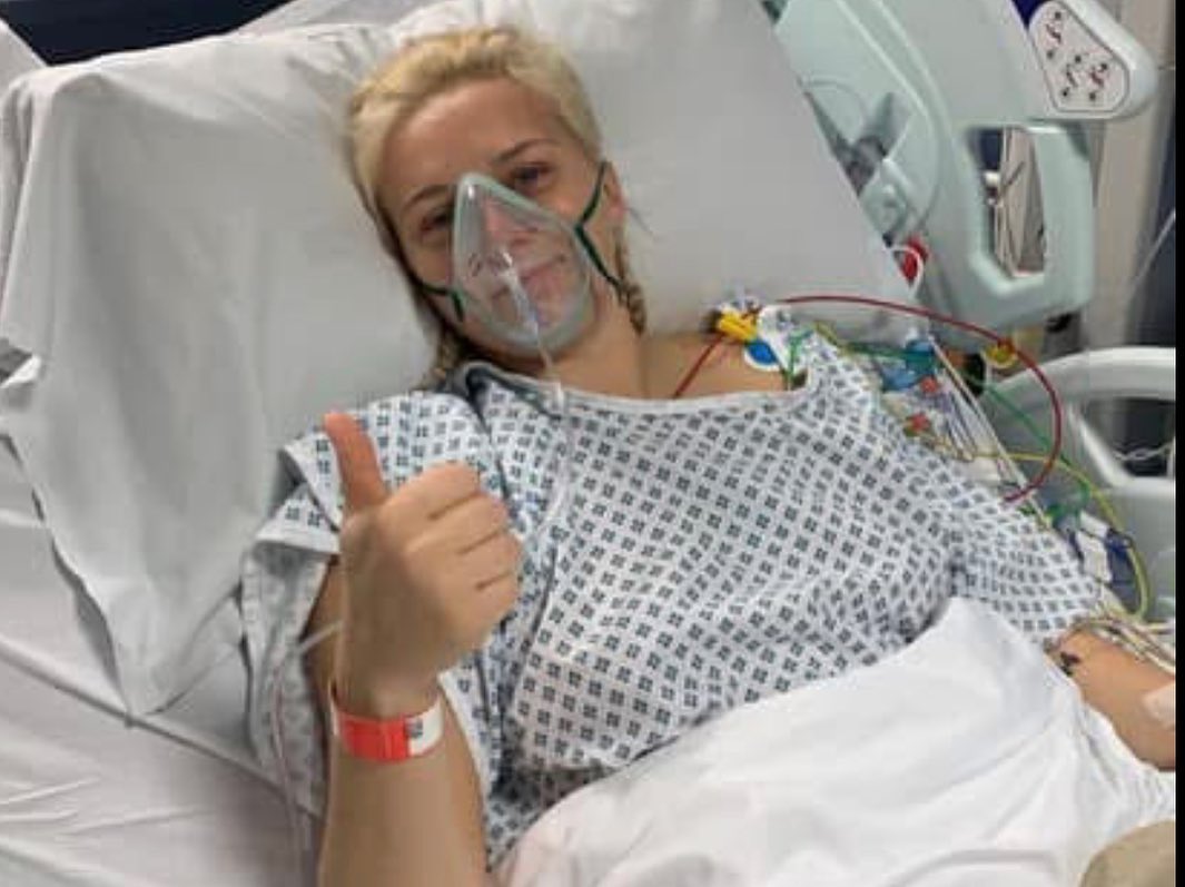 Courtney Evans in hospital bed after donating liver