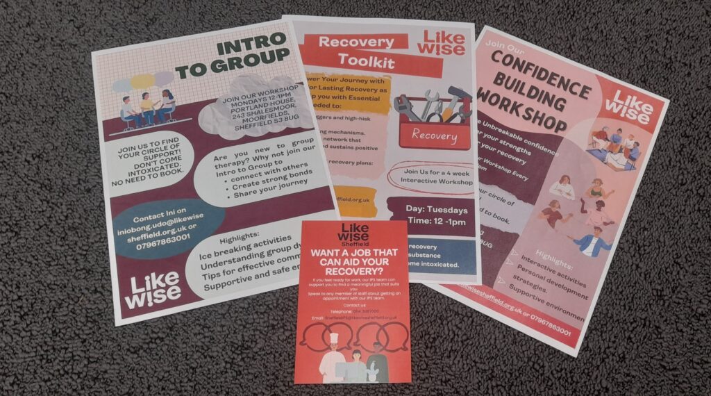 A set of brochures from Likewise Sheffield. Credit: Caitlin James and Daniel Thomas