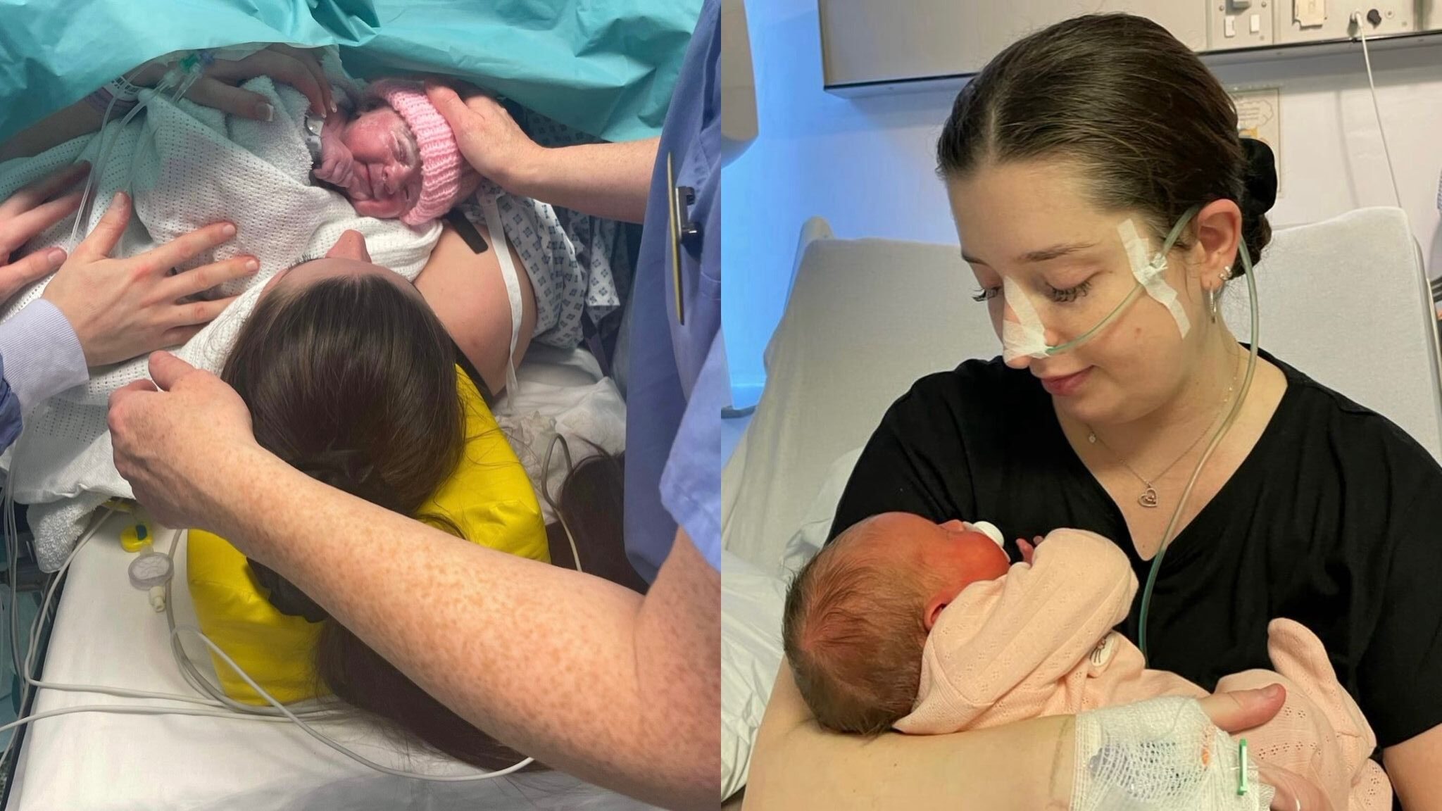 Bethanie shortly after giving birth; Bethanie with a tube up her nose, holding her baby