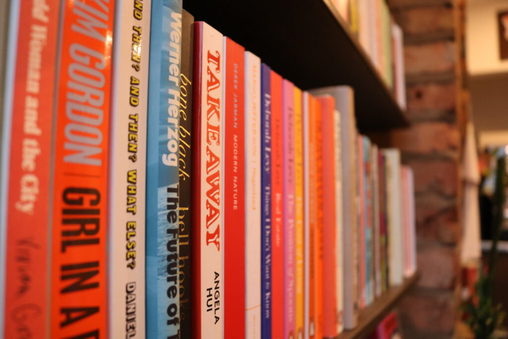 A selection of books on a shelf in Novel, an independent book shop on School Road, Sheffield.