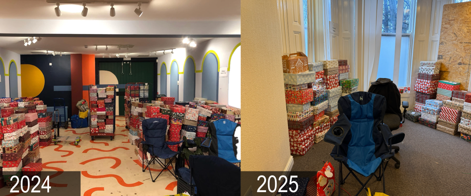 A photo showing the comparison of shoebox donations received in 2024 and 2025.