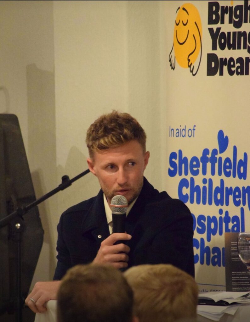 Joe Root speaking at an event raising money for Sheffield Children's Hospital