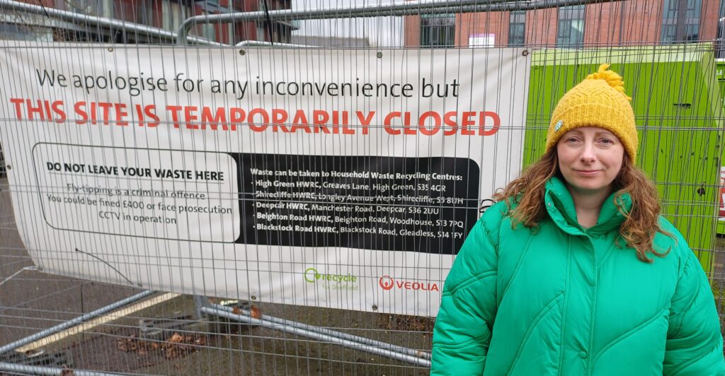 Tessa Lupton, Green Party candidate for Ecclesall Ward standing outside the defunct recycling point.