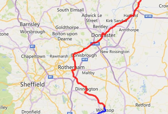 Map of Greg James' route through South Yorkshire
